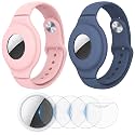 VEGO Air Tag Bracelet for Kids, 2 Pack Silicone Watch Bands + 4 Pack Anti-Scratch Films for Children, Metal Studs Wristband for AirTag (Yellow+Blue)