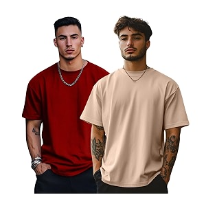 veirdo solid oversized 100 pure cotton combo t-shirt for men amp boys half sleeves round neck drop shoulder baggy fit pack of 2 available in s to 2xl