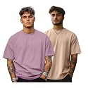 Veirdo® Solid Oversized 100% Pure Cotton Combo T-Shirt for Men &amp; Boys (Half Sleeves, Round Neck, Drop Shoulder, Baggy Fit, Pack of 2, Available in S to 2XL