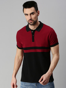 Veirdo Striped Men Polo Neck Maroon T-Shirt