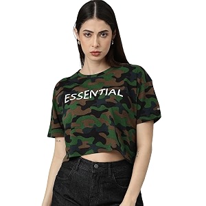 Veirdo Womens Cotton Camouflage Loose Fit T-Shirt