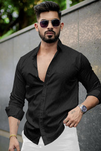 VELLOSTA Men Self Design Casual Black Shirt