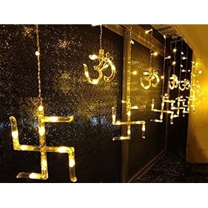 swastik curtain string lights for decoration  138 led warm white hanging lights  plug-in decorative lights for diwali pooja room wall home temple festival wedding  indoor use only