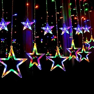 multicolor star curtain lights for decoration  138 led multicolor hanging star string lights  plug-in fairy lights for diwali christmas balcony bedroom wedding window  pack of 1