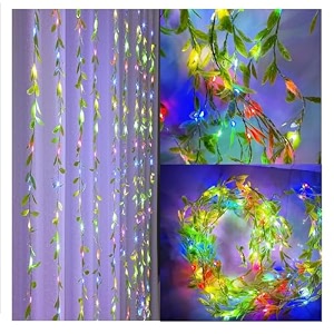artificial leaf curtain string lights for decoration 200 multicolor led green vine hanging lights plug-in fairy curtain lights for wall bedroom balcony diwali christmas wedding lighting