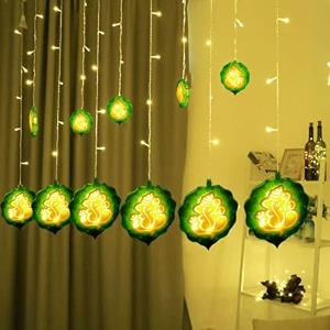 ganesh curtain string lights warm white 138 led plug-in decorative lights for pooja room diwali ganesh chaturthi home temple wall balcony ganpati hanging lights for indoor decoration