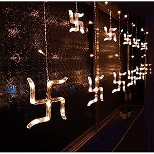 swastik curtain string lights for decoration  138 led warm white hanging lights  plug-in decorative lights for diwali pooja room wall home temple festival wedding  indoor use only