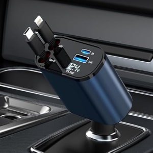 velogk retractable car charger 60w 4 in 1 fast car phone charger retractable cables 2 usb ports compatible with iphone 1514131211 type c  lightening black