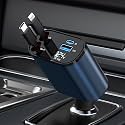 VELOGK Retractable Car Charger 60W, 4 in 1 Fast Car Phone Charger, Retractable Cables, 2 USB Ports, Compatible with iPhone 15/14/13/12/11, Type C + Lightening, Black