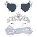 VELSCRUN AB Color Birthday Princess Glasses, Birthday Princess Sash Tiara Crown for Women Girls, 3 Pcs Elegant Tiaras Crowns Hair Accessories Happy Birth Party Decorations Girls Gifts