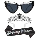 VELSCRUN Black Birthday Princess Glasses, Birthday Princess Sash Tiara Crown for Women Girls, 3 Pcs Elegant Tiaras Crowns Hair Accessories Happy Birth Party Decorations Girls Gifts