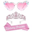 VELSCRUN Pink Birthday Princess Glasses, Birthday Princess Sash Tiara Crown for Women Girls, 3 Pcs Elegant Tiaras Crowns Hair Accessories Happy Birth Party Decorations Girls Gifts
