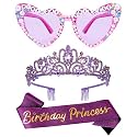 VELSCRUN Purple Birthday Princess Glasses, Birthday Princess Sash Tiara Crown for Women Girls, 3 Pcs Elegant Tiaras Crowns Hair Accessories Happy Birth Party Decorations Girls Gifts