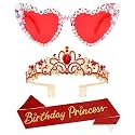VELSCRUN Red Birthday Princess Glasses, Birthday Princess Sash Tiara Crown for Women Girls, 3 Pcs Elegant Tiaras Crowns Hair Accessories Happy Birth Party Decorations Girls Gifts
