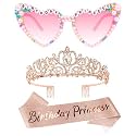 VELSCRUN Rose Gold Birthday Princess Glasses, Birthday Princess Sash Tiara Crown for Women Girls, 3 Pcs Elegant Tiaras Crowns Hair Accessories Happy Birth Party Decorations Girls Gifts