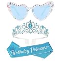 VELSCRUN Sky Blue Birthday Princess Glasses, Birthday Princess Sash Tiara Crown for Women Girls, 3 Pcs Elegant Tiaras Crowns Hair Accessories Happy Birth Party Decorations Girls Gifts