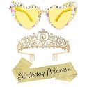VELSCRUN Yellow Birthday Princess Glasses, Birthday Princess Sash Tiara Crown for Women Girls, 3 Pcs Elegant Tiaras Crowns Hair Accessories Happy Birth Party Decorations Girls Gifts