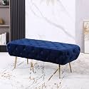 Velvet Button Tufted Bench with Gold Metal Legs, Blue