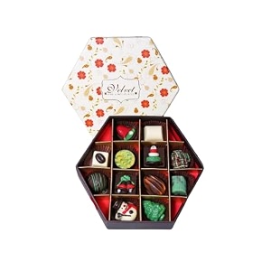 velvet fine chocolates christmas hexagonal box  assorted chocolates  festive floral packaging  holiday gift  handcrafted delights  perfect for christmas celebrations  pack of 1