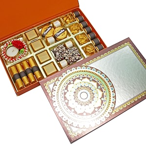 velvet fine chocolates diwali gift hamper box for employees amp clientsorange crisp logs assorted chocolates almond florentines and pralines chocolate almond rocks amp one tealight diya 420 gram