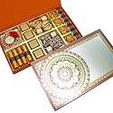 VELVET FINE CHOCOLATES Diwali Gift Hamper Box for Employees &amp; Clients|Orange Crisp Logs, Assorted Chocolates, Almond Florentines and Pralines, Chocolate Almond Rocks &amp; One Tealight Diya, 420 gram