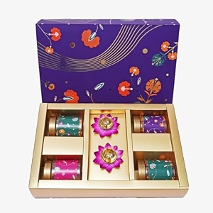 velvet fine chocolates festive diwali hamper  assorted trail mixes amp masala nuts with lotus diyas  perfect diwali gift  gourmet snacks  pack of 1