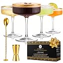 VEMACITY - Ribbed Espresso Martini Glasses Set of 4 with Gold Rims | Coupe Glasses | Vintage Cocktail Glasses for Margaritas, Champagne and More - Includes Jigger & Bar Spoon |