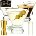 VEMACITY Stemless Martini Glasses Set of 4 | Hand-Applied Gold Rim | Includes Gold Jigger &amp; Picks | Crystal Cocktail Glasses &amp; Bar Tools
