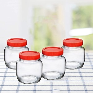 vency 4 pcs aahar jar with red lid  lentils food pickles spices sweets snacks rice kitchen storage container set of 4 250ml