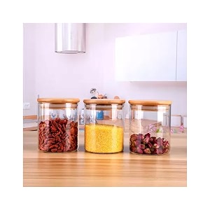 vency glass jars set with bamboo airtight lids food cereal storage containers for home kitchen tea herbs pasta coffee flour herbs grains transparent set of 6 220ml