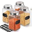 Vency Set of 4(1000ml) Square Glass Jars with Airtight Steel See-Through Lids, Free Pencil &amp; Stickers - Clear Kitchen Storage Containers for Pantry, Masala, Snacks, Dry Fruits, Pickles &amp; Coffee Beans