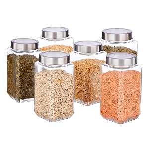 vency glass container for kitchen storage set of 6 1000ml each square transparent containers with airtight steel lids for kitchen pantry - stackable organizer for snacks masala pickles dry fruits
