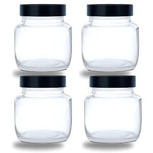 vency piramal glass round 250ml transparent glass jars amp containers for kitchen pantry snacks masala pickles dry fruits coffee beans storage with black plastic lid 250ml set of 4