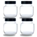Vency Piramal Glass Round 250ml Transparent Glass Jars &amp; Containers for Kitchen Pantry, Snacks, Masala, Pickles, Dry Fruits, Coffee Beans Storage with Black Plastic Lid (250ml, Set Of 4)