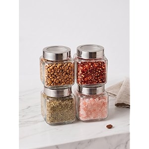 vency glass cube 580ml set of 4 transparent glass jars amp containers for kitchen pantry snacks masala pickles dry fruits coffee beans storage with primium steel see-through lid