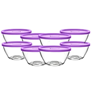 vency set of 8 glass mixing bowl with lid - size 435ml - transparent glass - lid color random 435ml set of 8