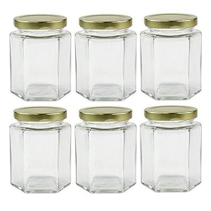 ventuos small glass jar set of 6 pcs coming with metal golden color air tight and rust proof cap capacity 400 ml approx made in india glass container air tight hexa shape