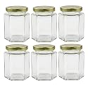 Ventuos Small Glass jar Set of 6 pcs Coming with Metal Golden Color Air Tight and Rust Proof Cap, Capacity 400 ml Approx. Made in India (Glass Container Air Tight) (Hexa Shape)