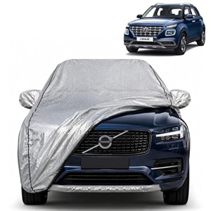 venue 100 waterproof car cover  dustproof sun protection cover  soft cotton lining  triple stitched  mirror pocket  antenna pocket  all weather body cover silver with yellow piping