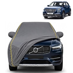 venue 100 waterproof car cover  dustproof sun protection cover  soft cotton lining  triple stitched  mirror pocket  antenna pocket  all weather body cover grey with yellow piping
