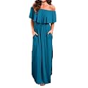VERABENDI Women's Off Shoulder Summer Casual Long Ruffle Beach Maxi Dress with Pockets