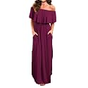 VERABENDI Women's Off Shoulder Summer Casual Long Ruffle Beach Maxi Dress with Pockets