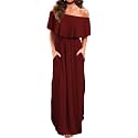VERABENDI Women's Off Shoulder Summer Casual Long Ruffle Beach Maxi Dress with Pockets