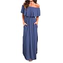 VERABENDI Women's Off Shoulder Summer Casual Long Ruffle Beach Maxi Dress with Pockets