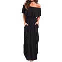 VERABENDI Women's Off Shoulder Summer Casual Long Ruffle Beach Maxi Dress with Pockets