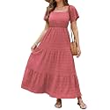 VERABENDI Women's Off Shoulder Summer Casual Long Ruffle Beach Maxi Dress with Pockets