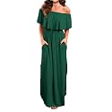 VERABENDI Women's Off Shoulder Summer Casual Long Ruffle Beach Maxi Dress with Pockets