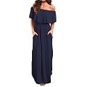 VERABENDI Women's Off Shoulder Summer Casual Long Ruffle Beach Maxi Dress with Pockets