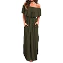 VERABENDI Women's Off Shoulder Summer Casual Long Ruffle Beach Maxi Dress with Pockets