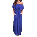 VERABENDI Women's Off Shoulder Summer Casual Long Ruffle Beach Maxi Dress with Pockets